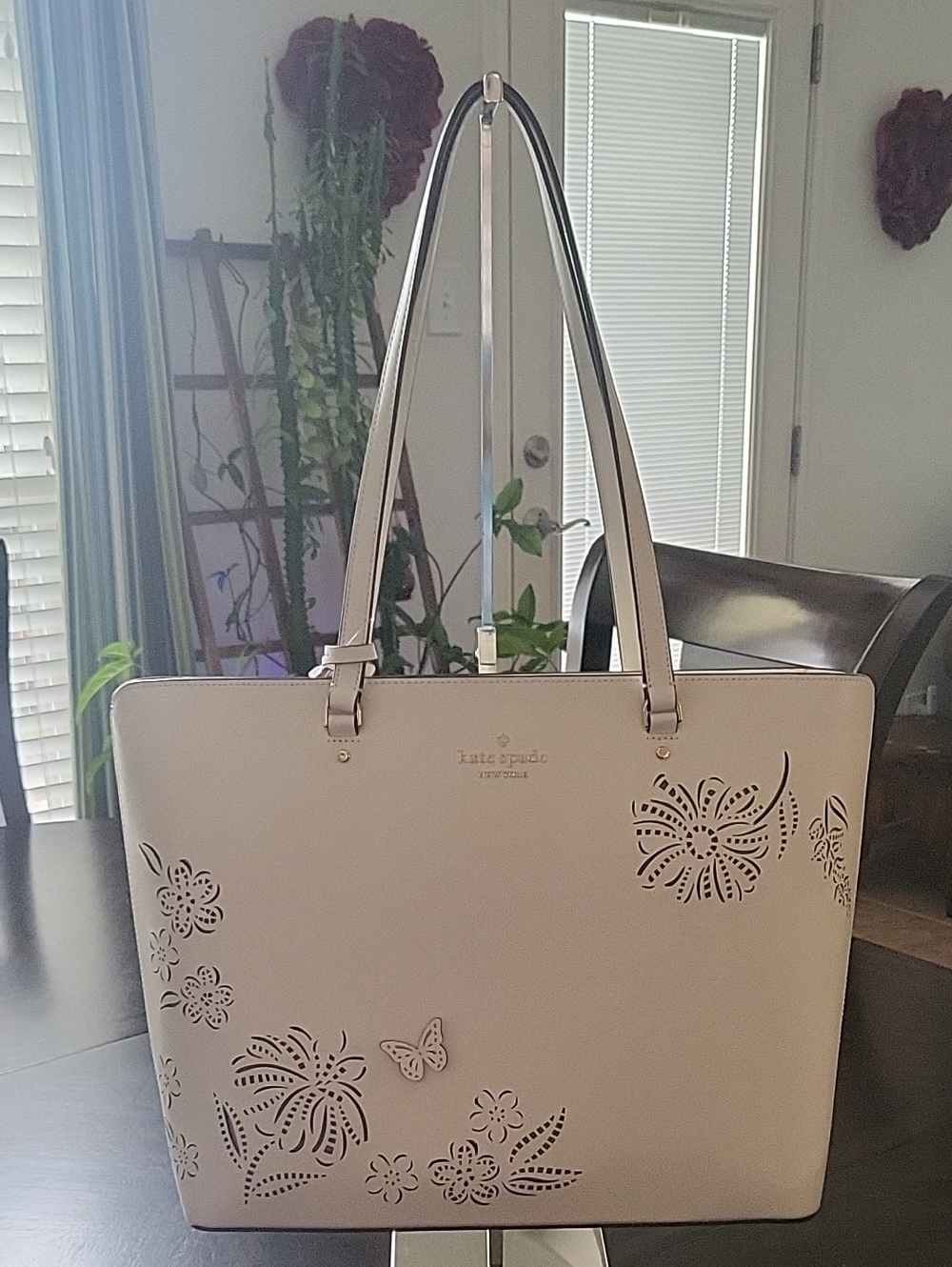 NWT Kate Spade Ivory Laser-Cut Floral Tote with Butterfly Accents